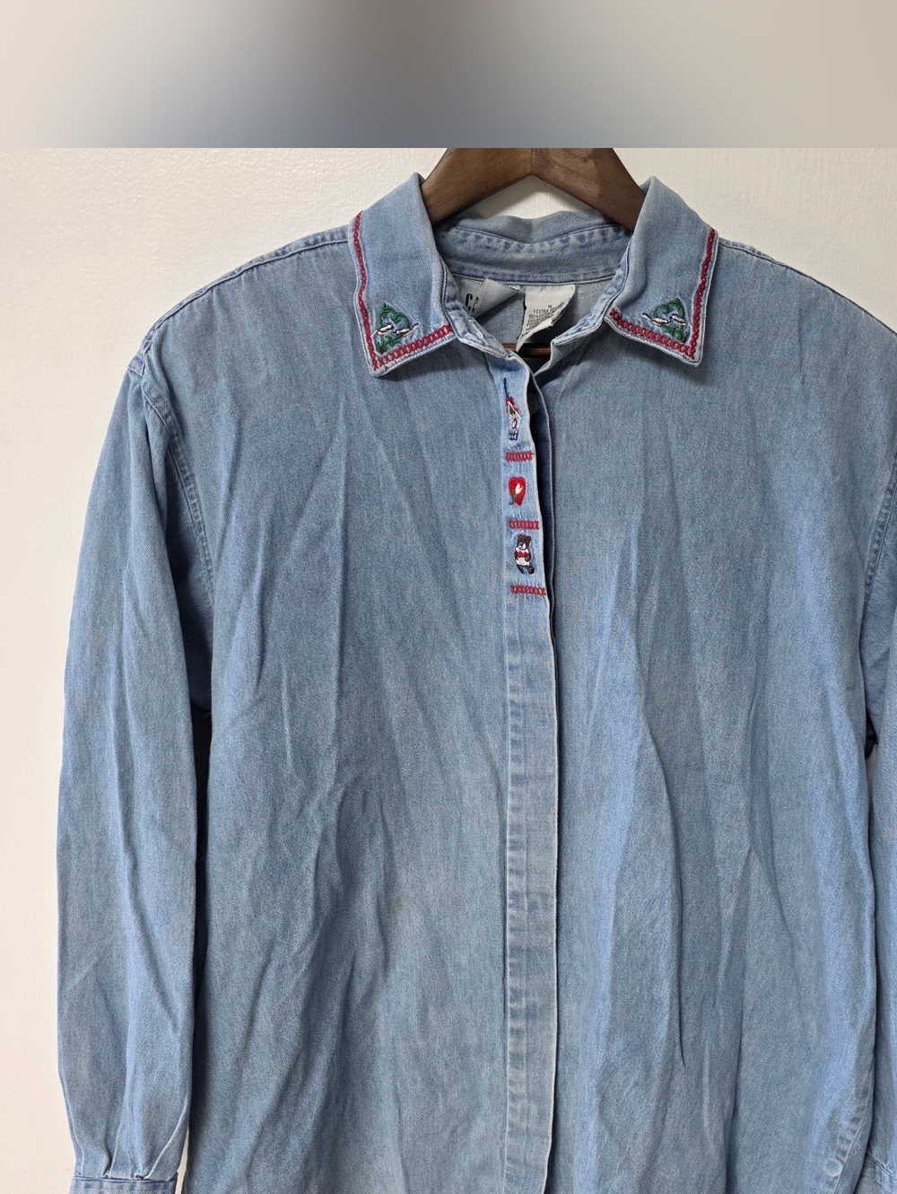 Light Wash Denim Button-Up Shirt with Embroidered Collar